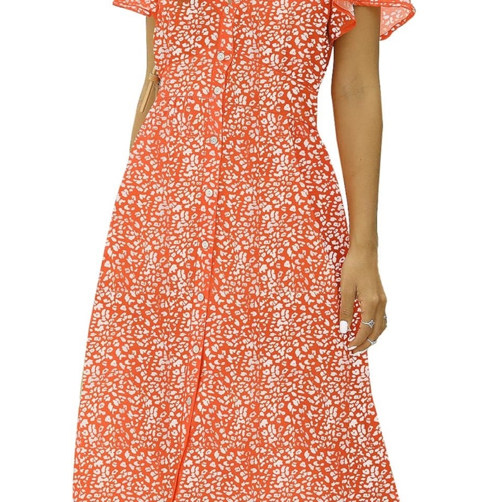 Elegant Orange Patterned Midi Dress - L